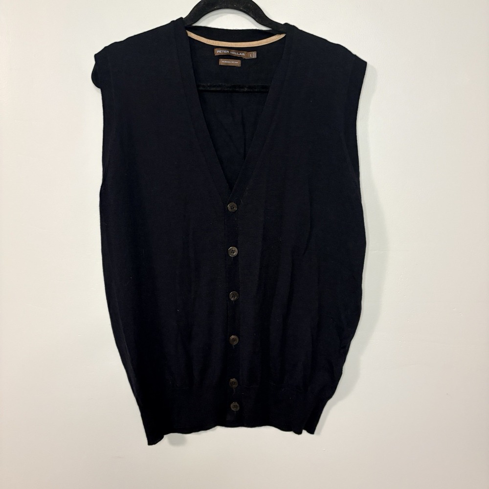 Peter Millar L Black V Neck Merino Wool Silk Golf Preppy Academia Cardigan